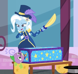 Size: 540x511 | Tagged: safe, derpibooru import, screencap, spike, spike the regular dog, trixie, dog, better together, equestria girls, street magic with trixie, box, box sawing trick, female, magic trick, male