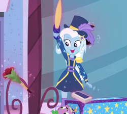 Size: 540x483 | Tagged: safe, derpibooru import, spike, trixie, better together, equestria girls, street magic with trixie, bouquet, box, box sawing trick, cute, deck of cards, diatrixes, epaulettes, hat, magic trick, sword, top hat, weapon, zettai ryouiki
