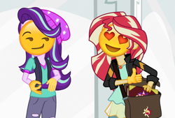 Size: 1009x682 | Tagged: safe, edit, edited screencap, part of a series, part of a set, screencap, starlight glimmer, sunset shimmer, equestria girls, mirror magic, spoiler:eqg specials, beanie, clothes, emoji, emoji ponies, female, hat, implied lesbian, lesbian, meme, shimmerglimmer, shipping, shitposting, torn clothes, 👌, 👍, 😍, 😏