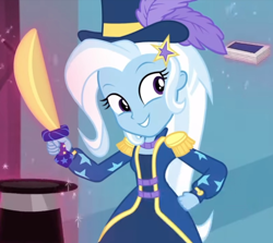 Size: 540x481 | Tagged: safe, derpibooru import, trixie, better together, equestria girls, street magic with trixie, cute, deck of cards, diatrixes, hat, looking at you, sword, top hat, weapon