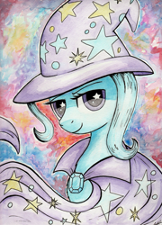 Size: 2077x2886 | Tagged: safe, artist:nokills-clan196, derpibooru import, trixie, pony, unicorn, abstract background, cape, clothes, female, hat, mare, smiling, solo, starry eyes, traditional art, trixie's cape, trixie's hat, watercolor painting, wingding eyes