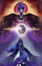 Size: 1294x2000 | Tagged: safe, artist:blindcoyote, nightmare moon, princess luna, alicorn, pony, both cutie marks, eclipse, looking up, moon, speedpaint, spread wings, stars