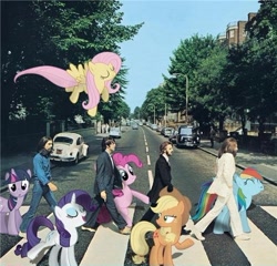 Size: 500x479 | Tagged: safe, derpibooru import, applejack, fluttershy, pinkie pie, rainbow dash, rarity, twilight sparkle, human, pony, abbey road, album cover, bipedal, crossover, george harrison, irl, john lennon, mane six, paul mccartney, photo, ponies in real life, ringo starr, the beatles, vector