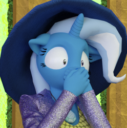 Size: 432x436 | Tagged: safe, artist:tahublade7, derpibooru import, trixie, anthro, unicorn, 3d, clothes, cropped, female, hat, shocked, shoes, solo, wide eyes