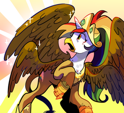 Size: 1280x1170 | Tagged: safe, artist:milky-rabbit, derpibooru import, oc, oc:rainbow feather, griffon, hippogriff, crown, four wings, grifficorn, griffon oc, interspecies offspring, jewelry, magical lesbian spawn, multicolored hair, multiple wings, next generation, offspring, parent:gilda, parent:rainbow dash, parents:gildash, princess, regalia, solo, transformation, wings