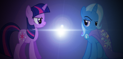 Size: 1600x768 | Tagged: safe, artist:ponycommans, derpibooru import, trixie, twilight sparkle, pony, unicorn, female, lens flare, mare, rivalry, simple, vector, wallpaper