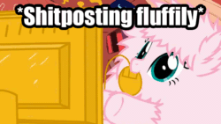 Size: 640x360 | Tagged: safe, artist:mixermike622, oc, oc only, oc:fluffle puff, animated, computer, computer mouse, cute, descriptive noise, image macro, meme, mouth hold, nom, shitposting, smiling, solo, typing, vulgar