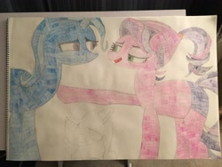 Size: 4032x3024 | Tagged: safe, derpibooru import, diamond tiara, spoiled rich, trixie, pony, all bottled up, where the apple lies, colored pencil drawing, spoiled milk, traditional art