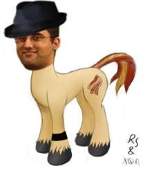 Size: 780x875 | Tagged: safe, edit, oc, oc only, horse, pony, bacon, bad edit, brony stereotype, euphoric, fedora, glasses, hat, male, shitposting, smiling, solo, standing, trilby, wat