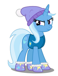 Size: 2700x3500 | Tagged: safe, artist:mundschenk85, derpibooru import, trixie, pony, unicorn, booties, clothes, female, jacket, mare, mittens, smiling, smirk, solo, winter cap