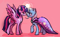 Size: 1280x787 | Tagged: safe, artist:tracymod, derpibooru import, trixie, twilight sparkle, twilight sparkle (alicorn), alicorn, pony, female, horns are touching, lesbian, mare, shipping, twixie