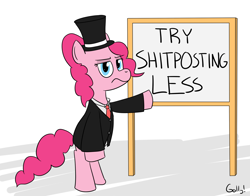 Size: 1608x1262 | Tagged: safe, artist:rapidstrike, derpibooru import, pinkie pie, earth pony, pony, bipedal, clothes, shitposting, sign, solo, suit, vulgar