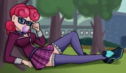 Size: 1472x861 | Tagged: safe, artist:ohohokapi, alizarin bubblegum, equestria girls, background human, bubble, bubblegum, clothes, crystal prep academy uniform, food, glasses, school uniform, socks, solo, stockings, thigh highs