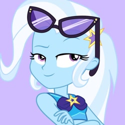 Size: 1280x1280 | Tagged: artist needed, source needed, safe, derpibooru import, trixie, better together, equestria girls, beautiful, clothes, crossed arms, glasses, raised eyebrow, smiling, smirk, swimsuit