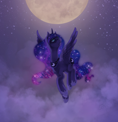 Size: 1738x1805 | Tagged: safe, artist:miss-cats, princess luna, alicorn, pony, cloud, flying, moon, night, solo