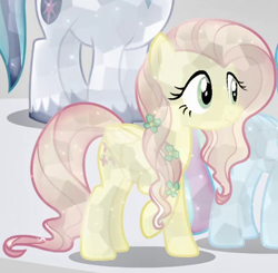 Size: 394x386 | Tagged: safe, screencap, fluttershy, rainbow dash, shining armor, crystal pony, pegasus, pony, unicorn, the crystal empire, alternate hairstyle, cropped, crystallized, female, flower, flower in hair, mare, outfit catalog, solo focus