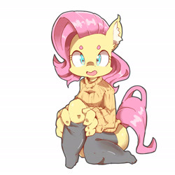 Size: 2480x2480 | Tagged: safe, artist:asprin white rabbit, fluttershy, anthro, clothes, socks, solo, sweater, sweatershy, thigh highs