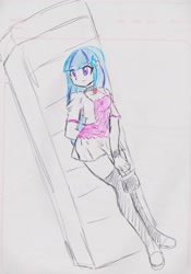 Size: 2066x2946 | Tagged: safe, artist:orochivanus, sonata dusk, equestria girls, clothes, leaning, shirt, shoes, skirt, socks, solo, thigh highs, traditional art, zettai ryouiki