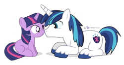 Size: 760x400 | Tagged: safe, artist:dm29, shining armor, twilight sparkle, pony, unicorn, boop, cute, duo, filly, julian yeo is trying to murder us, noseboop, nuzzling, one eye closed, prone, shining adorable, simple background, smiling, transparent background, twiabetes, wink