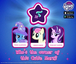 Size: 940x788 | Tagged: safe, derpibooru import, bon bon, starlight glimmer, sweetie drops, trixie, earth pony, pony, unicorn, abstract background, cape, clothes, cutie mark, female, gameloft, glow, grin, hat, lidded eyes, mare, official, quiz, smiling, smirk, sparkles, text, trixie's cape, trixie's hat