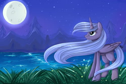 Size: 1600x1067 | Tagged: safe, artist:heu-hey, princess luna, alicorn, pony, lake, missing cutie mark, moon, night, s1 luna, solo