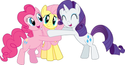 Size: 5000x2627 | Tagged: safe, artist:joey, fluttershy, pinkie pie, rarity, pegasus, pony, unicorn, bipedal, eyes closed, hug, open mouth, simple background, smiling, transparent background, vector