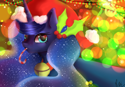 Size: 3000x2100 | Tagged: safe, artist:xkittyblue, princess luna, alicorn, pony, candy, candy cane, food, hat, holly, mouth hold, santa hat, solo