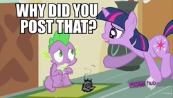 Size: 960x540 | Tagged: safe, derpibooru import, edit, edited screencap, screencap, spike, twilight sparkle, dragon, pony, unicorn, ponyville confidential, caption, hub logo, image macro, male, roflbot