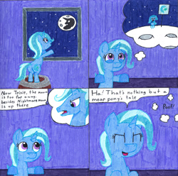 Size: 2655x2636 | Tagged: safe, artist:eternaljonathan, derpibooru import, jack pot, trixie, pony, comic, flag, ink, moon, plot, traditional art