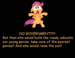 Size: 792x612 | Tagged: safe, scootaloo, background pony strikes again, comic sans, drama bait, government, mouthpiece, op is a cuck, op is trying to start shit, satire, shitposting, statism, statist, who will build roads, youtube link