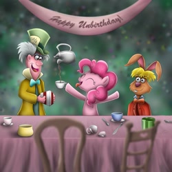 Size: 1200x1200 | Tagged: safe, artist:wdeleon, pinkie pie, human, pony, alice in wonderland, bipedal, blazer, bowtie, clothes, crossover, cup, cute, diapinkes, eyes closed, feminism, frock coat, hat, mad hatter, shirt, table, tea, teacup, teapot, top hat, trio, waistcoat