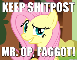 Size: 601x466 | Tagged: safe, derpibooru import, fluttershy, pegasus, pony, engrish, image macro, irony, meme, op is a cuck, op is a faggot, reaction image, shitposting, vulgar