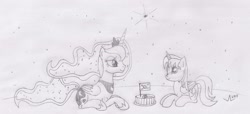 Size: 2549x1166 | Tagged: safe, artist:parclytaxel, princess luna, oc, oc:parcly taxel, alicorn, pony, alicorn oc, birthday cake, cake, flag, food, galaxy, lineart, monochrome, parcly in south korea, pencil drawing, prone, south korea, stars, traditional art