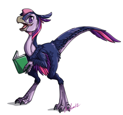 Size: 1280x1191 | Tagged: safe, artist:vertizontal, derpibooru import, twilight sparkle, dinosaur, book, feathered dinosaur, female, open beak, oviraptor, simple background, solo, species swap, white background