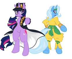 Size: 1236x1010 | Tagged: safe, artist:whale, derpibooru import, trixie, twilight sparkle, pony, bipedal, crossover, dio brando, jojo's bizarre adventure, jotaro kujo