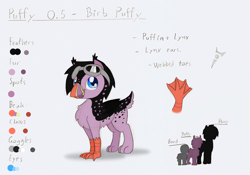 Size: 992x695 | Tagged: safe, artist:ravenpuff, derpibooru import, oc, oc only, oc:puffy, griffon, female, goggles, griffon oc, height difference, reference sheet, smiling, webbed feet