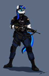 Size: 1500x2300 | Tagged: safe, artist:gasmaskfox, shining armor, anthro, ar15, daniel defense, eotech, gun, hmd, holographic sight, military, operator, picatinny rail, rifle, solo, trigger discipline