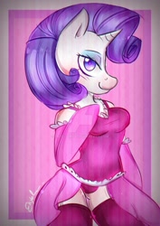 Size: 1024x1448 | Tagged: safe, artist:enyelita, rarity, anthro, arm hooves, clothes, gloves, leotard, skirt, socks, solo, thigh highs, watermark, zettai ryouiki