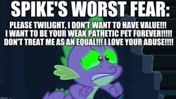 Size: 1280x720 | Tagged: safe, spike, twilight sparkle, dragon, abuse, background pony strikes again, dialogue, downvote bait, excessive exclamation marks, fear, go to sleep garble, image macro, meme, op is a cuck, op is trying to start shit, op is trying to start shit so badly that it's kinda funny, shitposting, spikeabuse