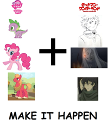 Size: 887x1018 | Tagged: safe, big macintosh, pinkie pie, spike, dragon, earth pony, pony, deadman wonderland, exploitable meme, ganta igarashi, make it happen, male, meta, nagi kengamine, shiro, stallion