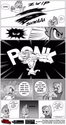 Size: 845x1600 | Tagged: safe, artist:vjmorales, rainbow dash, spike, dragon, pegasus, pony, annoyed, blush sticker, blushing, clothes, comic, cross-popping veins, dialogue, embarrassed, ew, eyes closed, female, frown, glare, gritted teeth, jumping, male, mare, monochrome, onomatopoeia, open mouth, pointing, ponk, punch, raised eyebrow, scott pilgrim vs the world, shirt, speech bubble, text