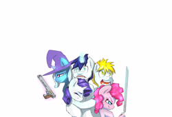 Size: 4267x2894 | Tagged: safe, artist:angelwing314, derpibooru import, derpy hooves, pinkie pie, rarity, shining armor, trixie, oc, earth pony, pegasus, pony, unicorn, female, gun, hellsing, mare, sword