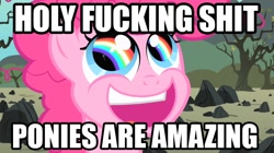 Size: 940x528 | Tagged: safe, pinkie pie, earth pony, pony, caption, filly, image macro, meme, meta, rainbow, vulgar