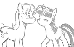 Size: 900x565 | Tagged: safe, artist:johnjoseco, derpibooru import, caramel, twilight sparkle, caralight, female, grayscale, imminent kissing, male, monochrome, shipping, straight