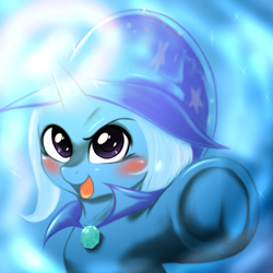 Size: 1000x1000 | Tagged: safe, artist:ushiro no kukan, derpibooru import, trixie, pony, bipedal, blushing, cute, diatrixes, glowing horn, looking at you, magic, magic aura, open mouth, pointing, smiling, smirk, solo, trixie's cape, trixie's hat, underhoof