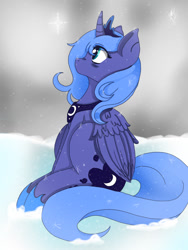 Size: 960x1280 | Tagged: safe, artist:tmntlf, princess luna, alicorn, pony, s1 luna, sitting, snow, snowfall, solo, winter