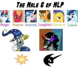 Size: 659x573 | Tagged: safe, big macintosh, cheese sandwich, fancypants, flash sentry, king sombra, shining armor, soarin', star swirl the bearded, earth pony, pony, unicorn, alternate mane six, element of loyalt, male, male 6, meme, stallion