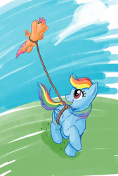 Size: 673x1000 | Tagged: safe, artist:muffinshire, rainbow dash, scootaloo, pegasus, pony, female, filly, kite, kite flying, mare, open mouth, scootaloo can fly, scootaloo can't fly, scootalove