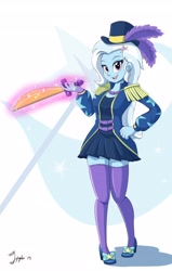 Size: 2602x4096 | Tagged: safe, artist:jeglegator, derpibooru import, trixie, better together, equestria girls, street magic with trixie, clothes, cute, cutie mark background, diatrixes, epaulettes, female, glowing hands, hat, legs, miniskirt, skirt, socks, solo, sword, thigh highs, top hat, weapon, zettai ryouiki