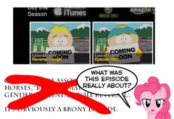 Size: 610x417 | Tagged: safe, pinkie pie, earth pony, pony, fourth wall, itunes, meta, reverse cowgirl episode, south park